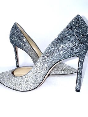 Jimmy Choo 38 Silver Dusk Blue Fireball Glitter 4 inch stiletto heel